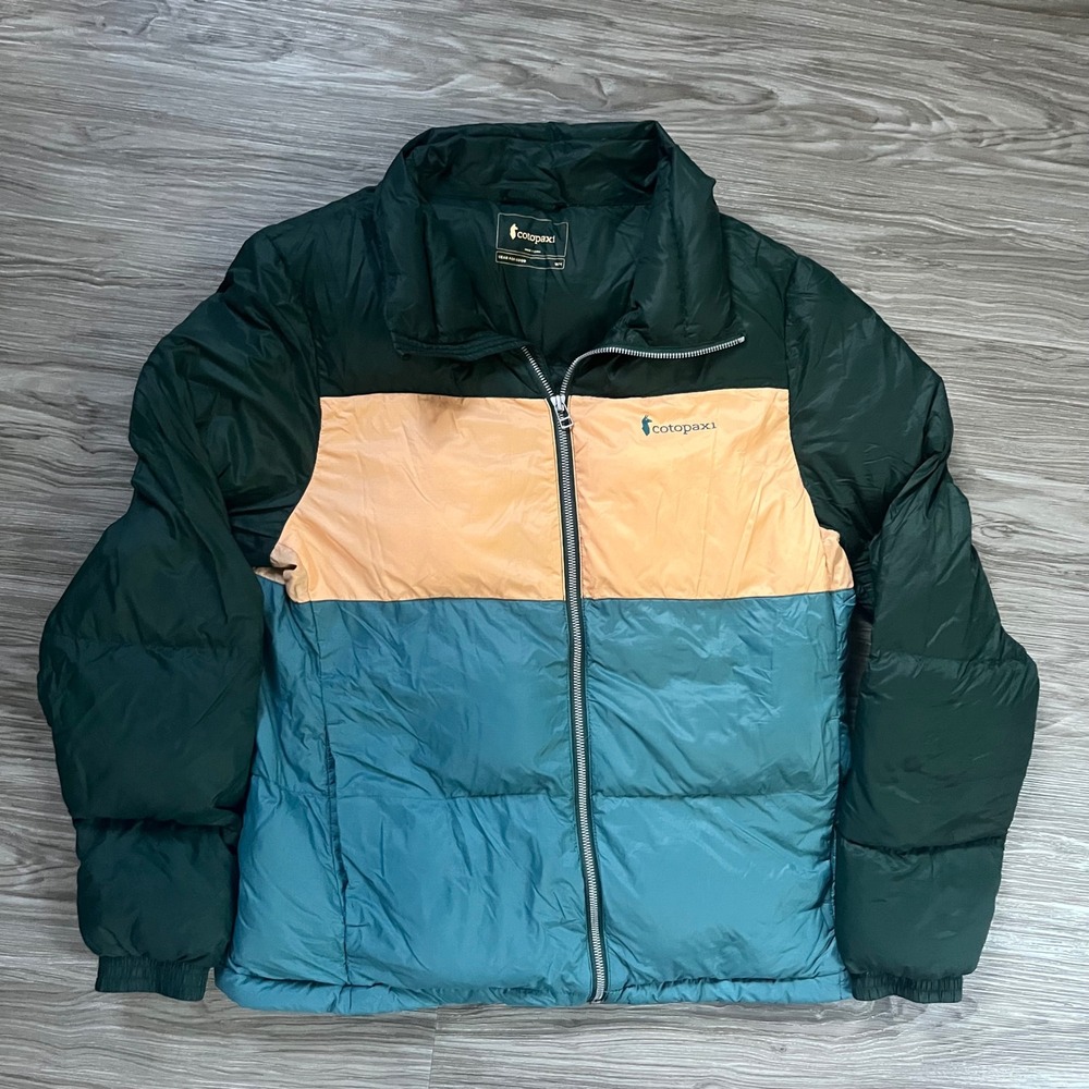 Cotopaxi Fuego Down Puffer Jacket Womens Medium Green Peach Teal Colorblock